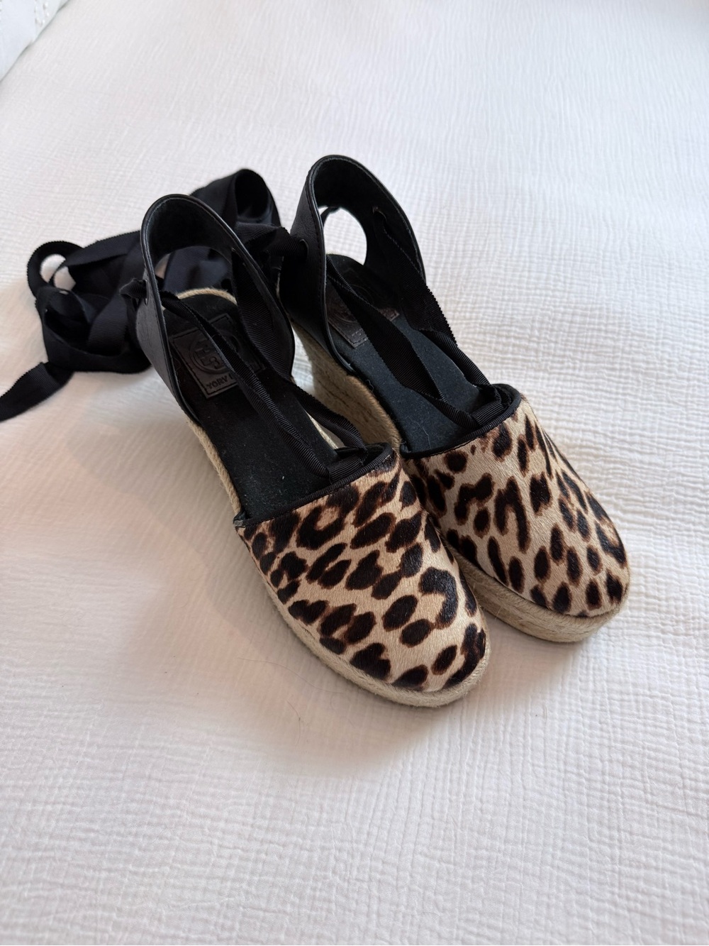 Tory Burch Leopard Print Espadrille Wedge with Black Ribbons—Size 7.5